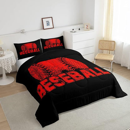 Erosebridal Kids Baseball Queen Size Bedding Set Red Black Sports Comforter Set for Boys Girls Teen,Reversible Black Quilt Comforter Soft Lightweight for All Season,1 Comforter and 2 Pillow Cases