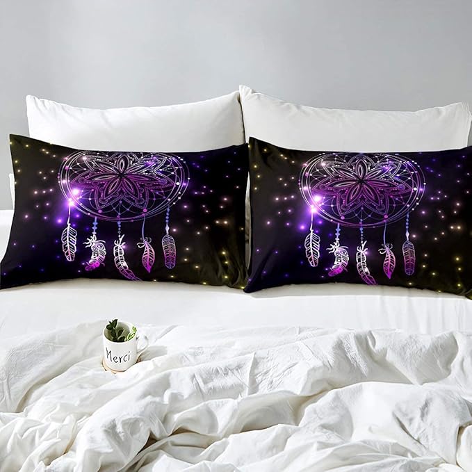 Erosebridal Dream Catcher Feather Comforter Set, Bohemian Mandala Down Comforter Full Size for Kids Girls Boys, Starry Sky Galaxy Bedding Set Boho Tie Dye Exotic Flower Quilted Duvet, Purple