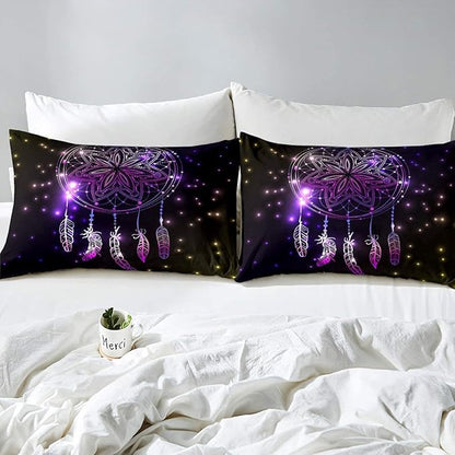 Erosebridal Dream Catcher Feather Comforter Set, Bohemian Mandala Down Comforter Full Size for Kids Girls Boys, Starry Sky Galaxy Bedding Set Boho Tie Dye Exotic Flower Quilted Duvet, Purple