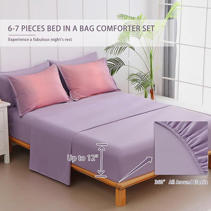7 Pieces Comforter Set Full/Queen Size - Gradient Pink and Purple All Season Teens Rainbow Comforter Bedding Set, Ultra Soft Fluffy Microfiber Bed in a Bag for Kids