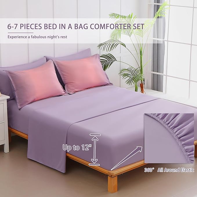 6 Pieces Comforter Set Twin Size for Girls - Gradient Pink and Purple All Season Teens Comforter Bedding Set, Ultra-Soft Fluffy Down Alternative Microfiber Bed in a Bag for Kids