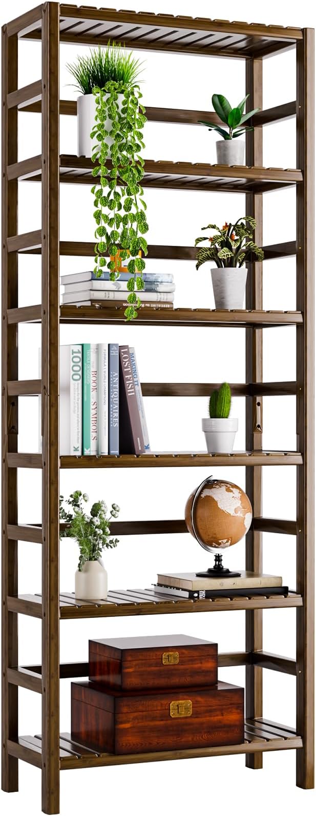 Bookcase, Bamboo Bookshelf, 6-Tier Adjustable Tall Open Book Shelf, Free Standing Storage Shelves Organizer, Flower Plant Display Stand, Walnut