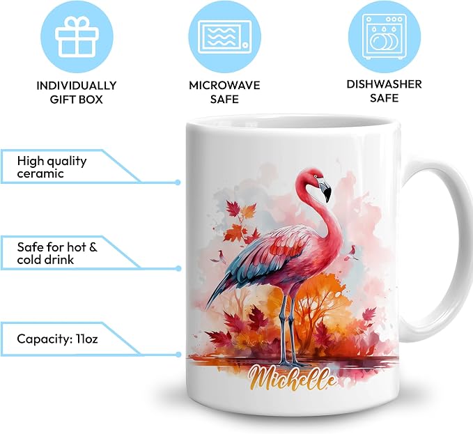 Hyturtle Personalized Fall Flamingo Maple Leaves Coffee Mug, Autumn Décor | Birthday Gifts For Flamingo Lovers - Fall Gift Ideas For Farmhouse Thanksgiving Custom Name 11oz White Ceramic Coffee Tea Mug