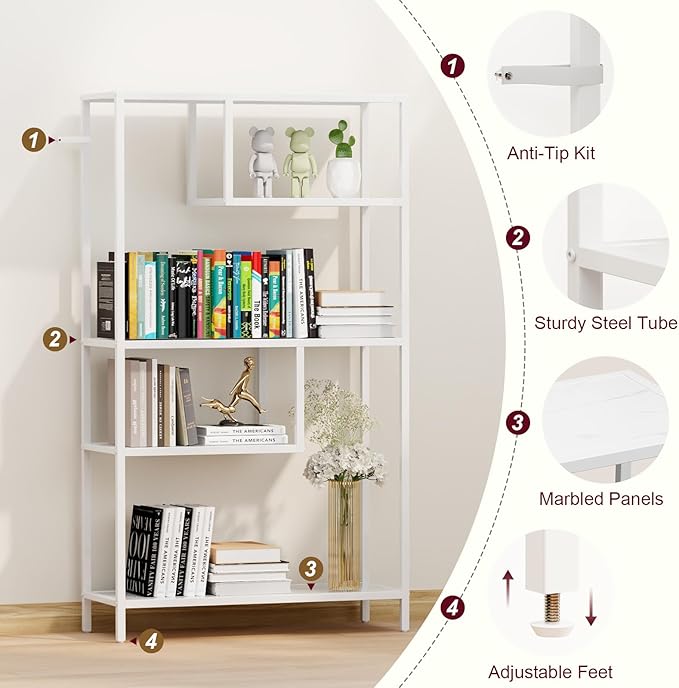 HOME BI Geometric Bookshelf, Tall Modern Etagere Bookcase, Industrial Metal Book Shelf with 5 Open Display Shelves for Office Living Room, White
