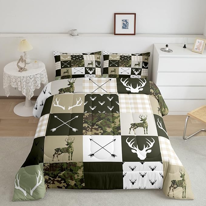 Kids Deer Antler Animal Comforter Set King Size,Army Green Camo Xmas Bedding Set,Girls Boys Adults Bedroom/Cabin Decor,Plaid Patchwork Retro Down Comforter,Boho Arrows Duvet Insert,3pcs,2 Pillowcases