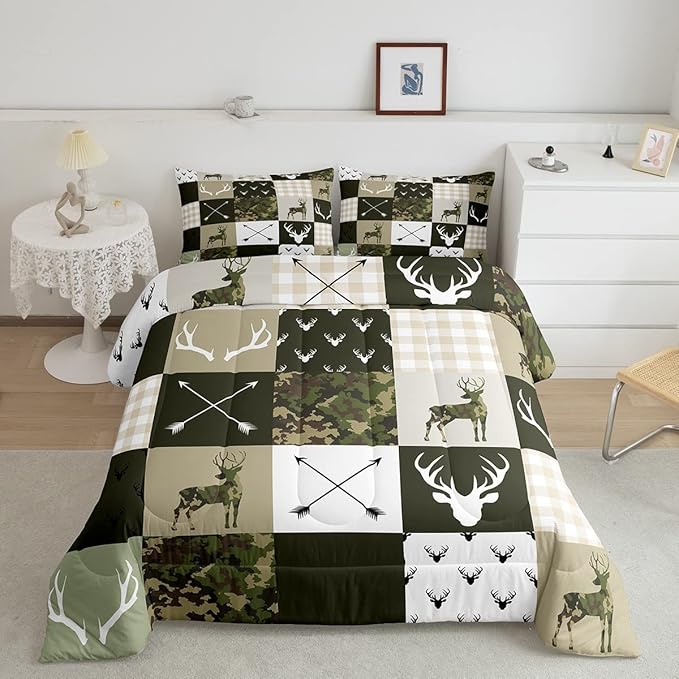 Antler Silhouette Kids Comforter Set Queen Size,Camo Green Rustic Bedding Set,Girls Boys Adults Bedroom/Xmas Decor,Geometric Plaid Patchwork Down Comforter,Arrows Boho Duvet Insert,3pcs,2 Pillowcases