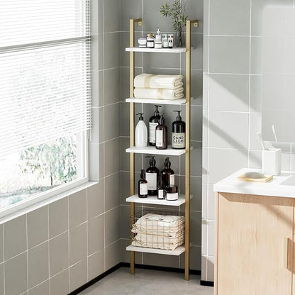 NUMENN Industrial Ladder Shelf, 5 Tier Book Shelf, Open Space Wall Mount Bookshelf with Metal Frame, Sturdy Book Shelves, Bookcase for Living Room, White and Gold