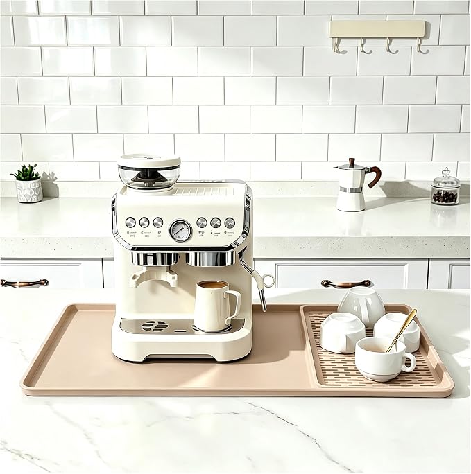 Caketime 2 In 1 Silicone Coffee Bar Mat Accessories for espresso Machine with Detachable Dish Drying Rug Waterproof Kitchen Office House Gadgets Under Sink Drainer Supplies 16"x20" Beige
