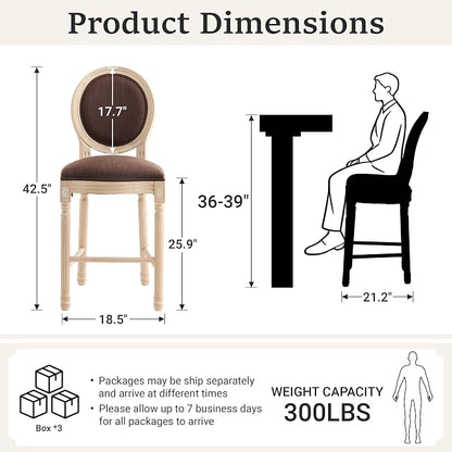 French Country Barstool, Linen Farmhouse Counter Height Chair | Set of 6, with Cushion Round Back and Solid Wood Legs, Oval Chairs for Restaurant, Bar, Kitchen, Café, Brown