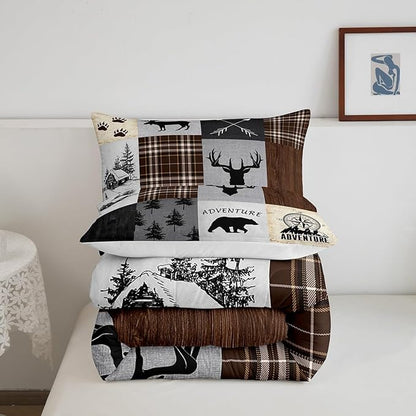 Deer Antler Comforter Set Twin Size,Bear Paw Pine Trees Rustic Farmhouse Bedding Set for Boys Girls Adults Room Decor,Geometric Plaids Arrows Down Comforter,Brown Retro Duvet Insert,1 Pillowcase