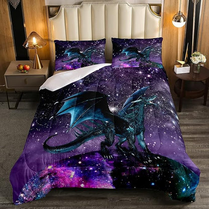 Erosebridal Dragon Bedding Set Purple Nebula Comforter Set King Size Mysterious Outer Space Duvet Set Trippy Bedding Set for Kids Boys Girls Teens Room Decor, Safari Wildlife Animals Quilt Set