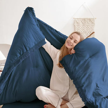 Andency Navy Blue Comforter Set Full Size, 3 Pieces Boho Tassel Lightweight Bedding Comforter Sets, All Season Soft Fluffy Fringe Bed Set (79x90In Comforter & 2 Pillowcases)