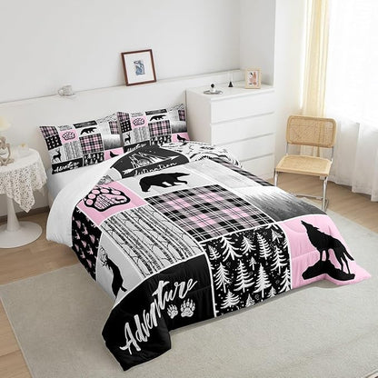 Rustic Farmhouse Comforter Set Twin Size,Deer Bear Wolf Hunting Animals Bedding Set for Kids Boys Girls Adults Room Decor,Pine Trees Patchwork Down Comforter,Pink Xmas Duvet Insert,1 Pillowcase
