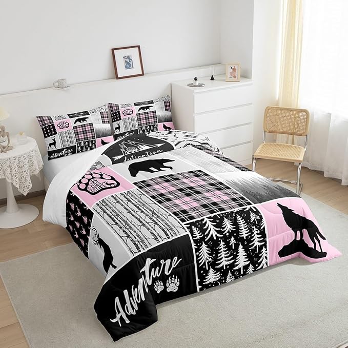 Rustic Farmhouse Comforter Set Full Size,Deer Bear Wolf Hunting Animals Bedding Set for Kids Boys Girls Adults Room Decor,Pine Trees Patchwork Down Comforter,Pink Xmas Duvet Insert,2 Pillowcases