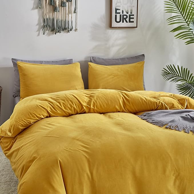 Wellboo Mustard Velvet Comforter Sets California King Women Turmeric Yellow Fluffy Bedding Comforters Cal King Teen Girls Dark Yellow Plush Quilts Soft Warm Winter Flannel Blankets Solid Yellow Bed