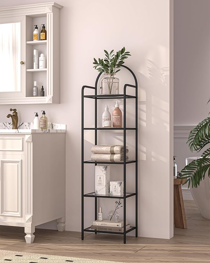Bookcase Bookshelf, Tempered Glass Bookshelves, Slim Shelving Unit for Bedroom, Bathroom, Home Office, Steel Frame, 5 Tier Black BC05001B