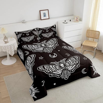 Feelyou Boys Boho Moth Comforter Set Twin Size Men Gothic Skull Bedding Set for Girls Women Bedroom Decor Bohemian Moon Star Comforter Personalized Moth Skull Skeleton Bones Duvet Set Teens Quilt Set
