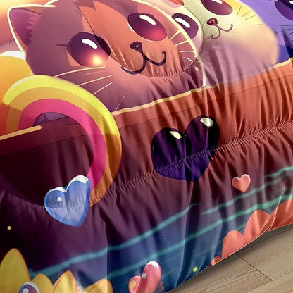 Kids Cat Comforter Set - Cat Bedding Set Full Size Cat Comforter Cartoon Cat Rainbow Printed Bedding Sets for Kids Girls Kawaii Cat Quilt Set, 1 Comforter+2 Pillowcases