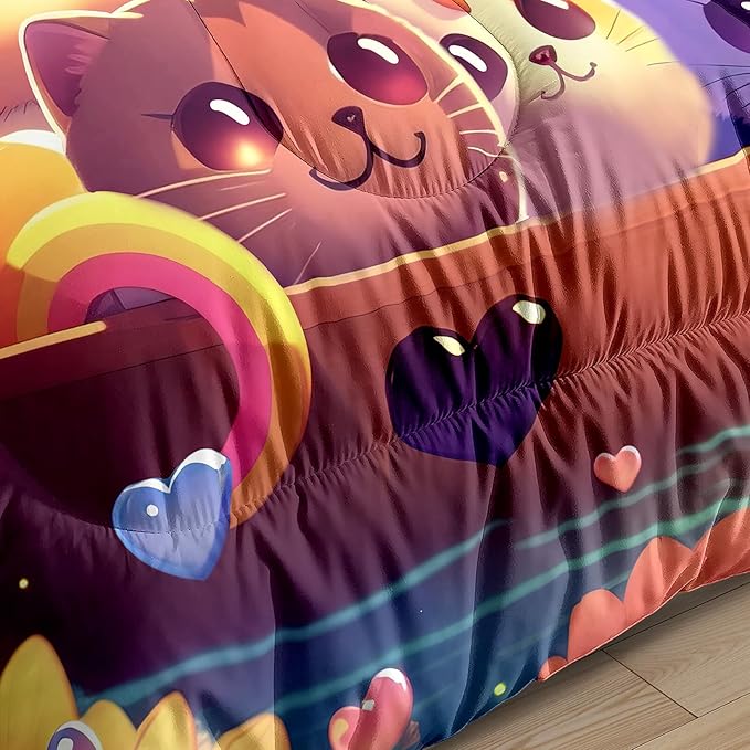 Cat Comforter Set, Cute Cat Bedding Set, Twin Size Comforter Set for Girls Cat Comforter Cartoon Cat Rainbow Printed Bedding Sets for Kids Girls Kawaii Cat Bedding Sets, 1 Comforter+1 Pillowcase