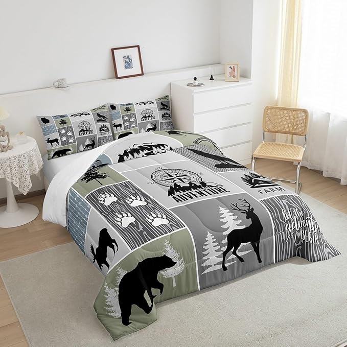 Rustic Farmhouse Cabin Kids Comforter Set Twin Size,Deer Bear Hunting Adventure Bedding Set for Boys Girls Adults Room Decor,Geometric Plaids Down Comforter,Gray Green Duvet Insert,1 Pillowcase