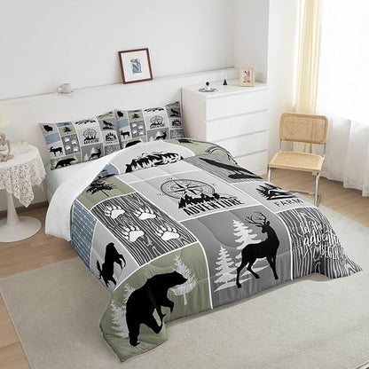 Rustic Farmhouse Cabin Kids Comforter Set Twin Size,Deer Bear Hunting Adventure Bedding Set for Boys Girls Adults Room Decor,Geometric Plaids Down Comforter,Gray Green Duvet Insert,1 Pillowcase