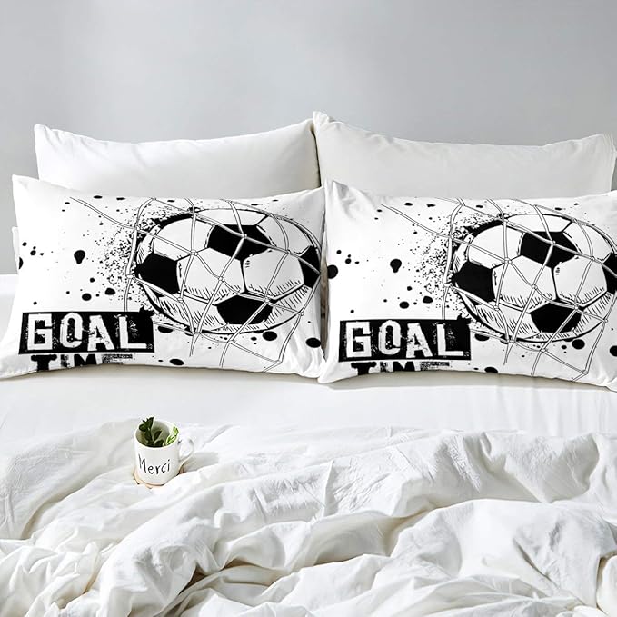 Erosebridal Kids Football Comforter Set Full Size American Soccer Bedding Set Sports Games Duvet Sets for Boys Girls Children Teens Geometric Polygon Down Comforter for Bedroom, Black White