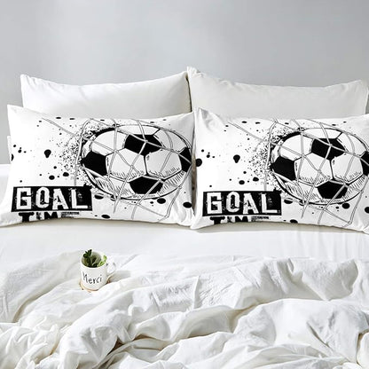 Erosebridal Kids Football Comforter Set Full Size American Soccer Bedding Set Sports Games Duvet Sets for Boys Girls Children Teens Geometric Polygon Down Comforter for Bedroom, Black White
