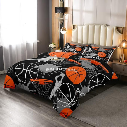 Basketball Bedding Set Tie Dye Down Comforter Passionate Sports Games Comforter Set for Kids Boys Man Jumping Up Shooting Action Quilt Set with 1 Comforter and 2 Pillow Cases Queen Size Orange Black