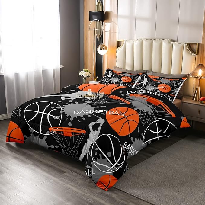 Basketball Bedding Set Tie Dye Down Comforter Passionate Sports Games Comforter Set for Kids Boys Man Jumping Up Shooting Action Quilt Set with 1 Comforter and 1 Pillow Case Twin Size Orange Black