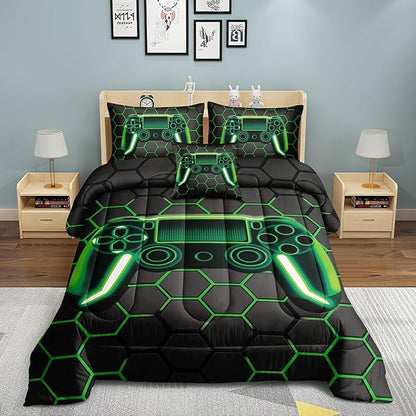 Kids Gaming Bedding Sets, 6 Piece Gamer Comforter Sets for Teens Boys Queen Size for Bedroom Comforter Set Adult 3D Gamepad Microfiber Bedding Sets Fits All Season (Queen Comforter