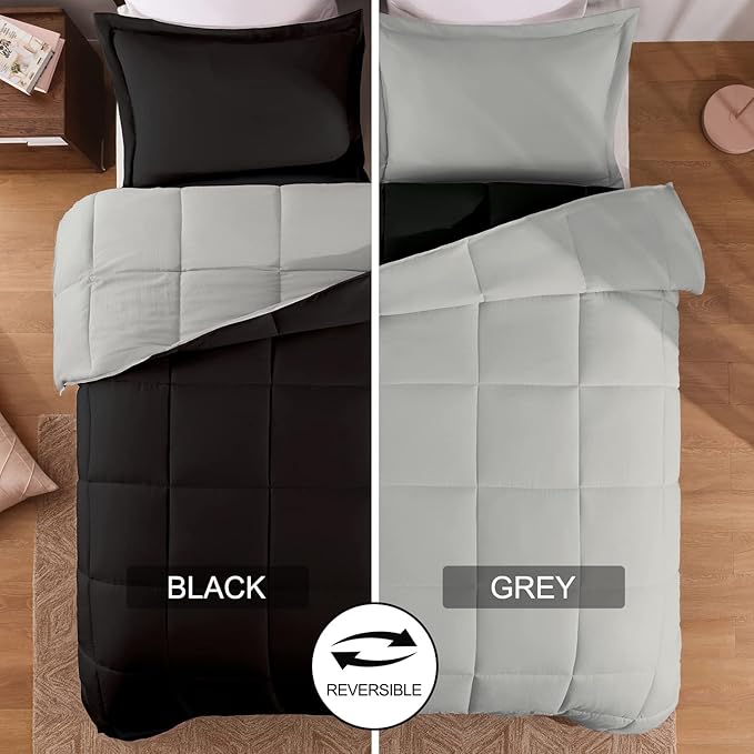 Basic Beyond Twin Comforter Set for Girls and Boys - Fluffy Twin Bed Comforter Set for All Seasons - Reversible Black and Grey Twin Comforter Set - 2 Pieces (1 Comforter + 1 Pillow Sham)
