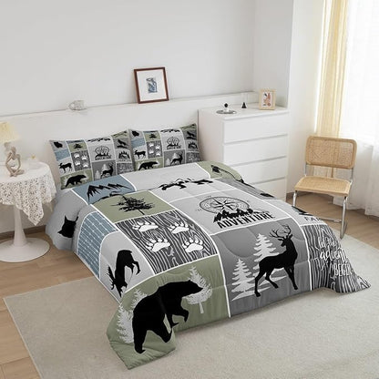 Rustic Farmhouse Cabin Kids Comforter Set Twin Size,Deer Bear Hunting Adventure Bedding Set for Boys Girls Adults Room Decor,Geometric Plaids Down Comforter,Gray Green Duvet Insert,1 Pillowcase