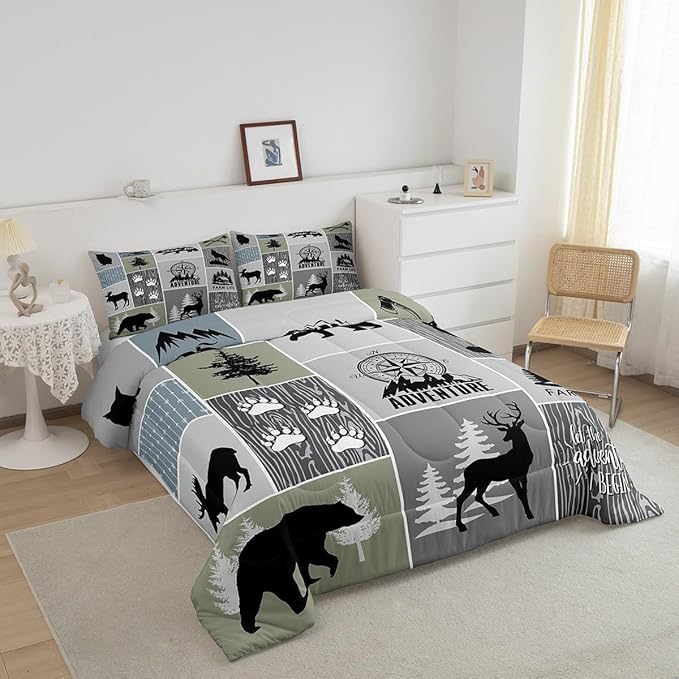 Rustic Farmhouse Cabin Kids Comforter Set King Size,Deer Bear Hunting Adventure Bedding Set for Boys Girls Adults Room Decor,Geometric Plaids Down Comforter,Gray Green Duvet Insert,2 Pillowcases