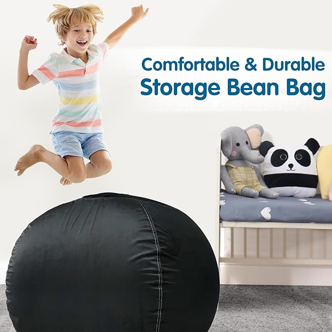 Lukeight Stuffed Animal Storage Bean Bag Chair Cover for Kids, Zipper Beanbag Chair Cover for Organizing Toddler & Kids' Rooms Plush Toys (Black, X-Large)