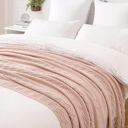 MIULEE Light Pink Knitted Throw Blanket for Couch Bed, Boho Textured Cozy Woven Decorative Farmhouse Blanket with Tassels for Sofa Chair Living Room 50"x60"