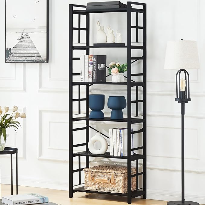 HOMBAZAAR Bookshelf,6 Tier Tall Bookshelf with Metal Frame,Open Bookshelves and Bookcases,Industrial Book Shelf for Living Room,Home Office and Bedroom,Black