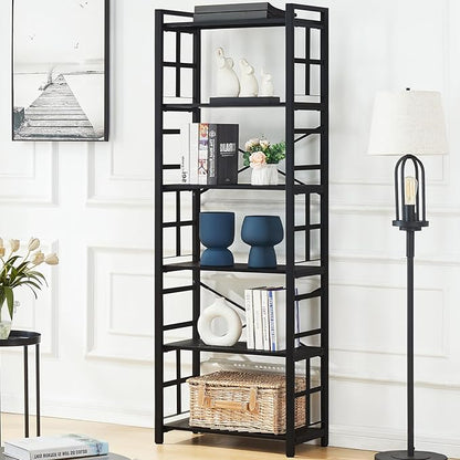 HOMBAZAAR Bookshelf,6 Tier Tall Bookshelf with Metal Frame,Open Bookshelves and Bookcases,Industrial Book Shelf for Living Room,Home Office and Bedroom,Black