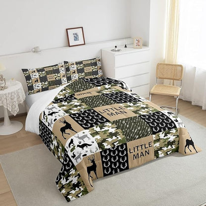 Manfei Deer Antlers Animals Silhouette Comforter Set Twin,Camo Geometric Checks Bedding Set 2pcs for Kids Adults Room Decor,Nordic Boho Arrow Quilt Set,Vintage Green Duvet Insert with 1 Pillowcase
