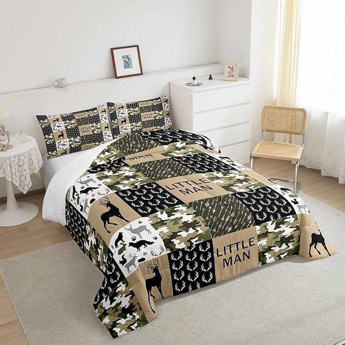 Kids Deer Antlers Animal Silhouettes Comforter Set King Size,Camo Geometric Lattices Bedding Set 3pcs for Adults Cabin Decor,Nordic Boho Arrows Quilt Set,Rustic Retro Green Duvet Insert,2 Pillowcases