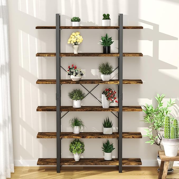 6 Tier Bookshelf, 83 inch Tall Bookcase Industrial Wooden Bookshelves Large Wall Etagere Rustic Vintage Book Shelf with Metal Frame Open Storage Rack for Living Room Home Office