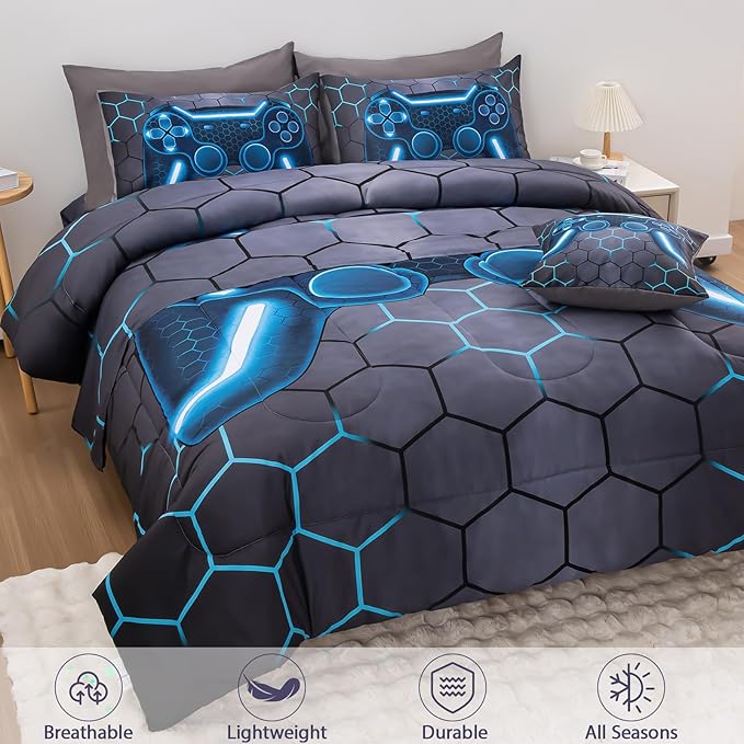 8Pcs Game Console Comforter Set with Sheets for Boys Girls Kids Teens, Geometric Gaming Themed Bed in A Bag Full Size, Blue 3D Video Gamer Controller Bedroom Decor Bedding Set-Blue