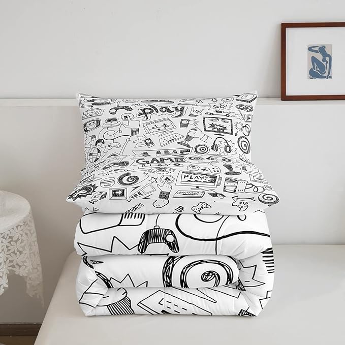 Erosebridal Gaming Comforter Set King, Kids Gamepad Cartoon Bedding Set Video Games Gamers Duvet Set Hip Hop Graffiti Quilt Set Racing Car Comforter Set, Black White Printed Bedroom Decor