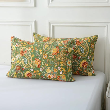 ABREEZE Paisley Bedding Sets 3Pcs Brushed Cotton Duvet Cover Set Queen Size Rustic Damask Green Floral Comforter Cover with Zipper Closure Boho Bedding Collections