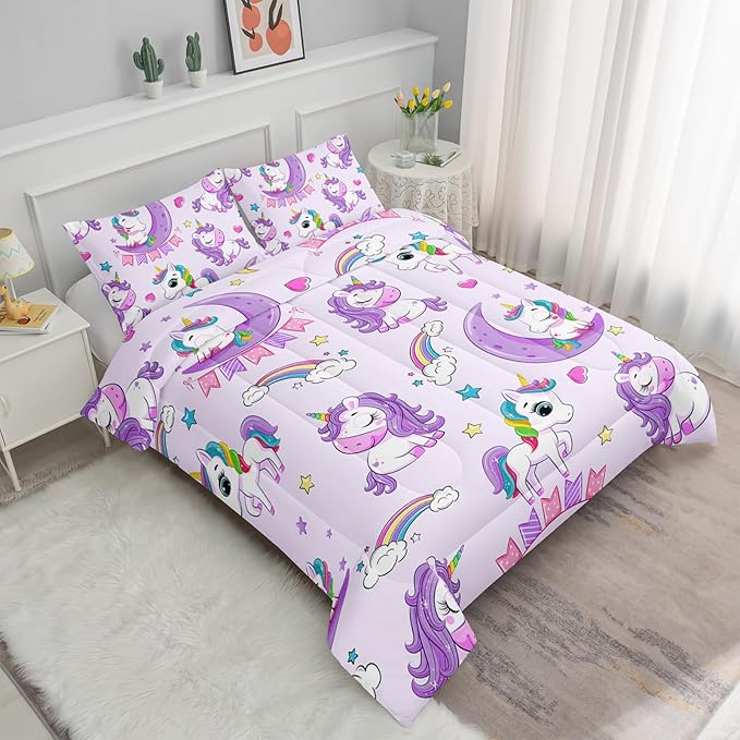 Axolotl Purple Unicorn Comforter Set Queen Size,Girls Bedding Set,Cute Unicorn Rainbow Bedding Set with Stars for Kids Girls Teens Adults Women,1 Comforter with 2 Pillowcase Unicorn Gifts for Girls