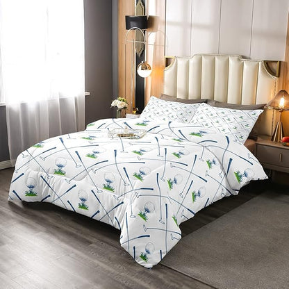 Erosebridal Golf Comforter Set Full Size Golf Club Bedding Set Sport Game Athlete Grass Leaf Branches Down Comforter for Men, Room Decorative 3 Pieces Comforter with 2 Pillow Cases, White