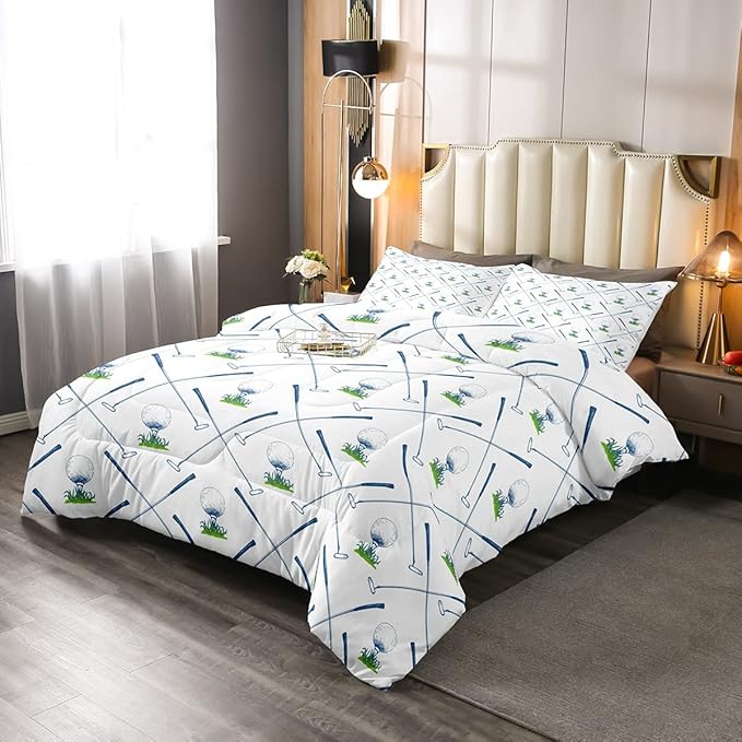 Erosebridal Golf Comforter Set Queen Size Golf Club Bedding Set Sport Game Athlete Grass Leaf Branches Down Comforter for Men, Room Decorative 3 Pieces Comforter with 2 Pillow Cases, White