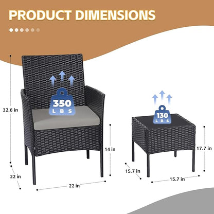 Patio Furniture Set 3 Pieces All-Weather Rattan Outdoor Furniture Patio Chairs with Tempered Glass Table for Porch Bistro Balcony Bistro Set(Black/Grey-2)