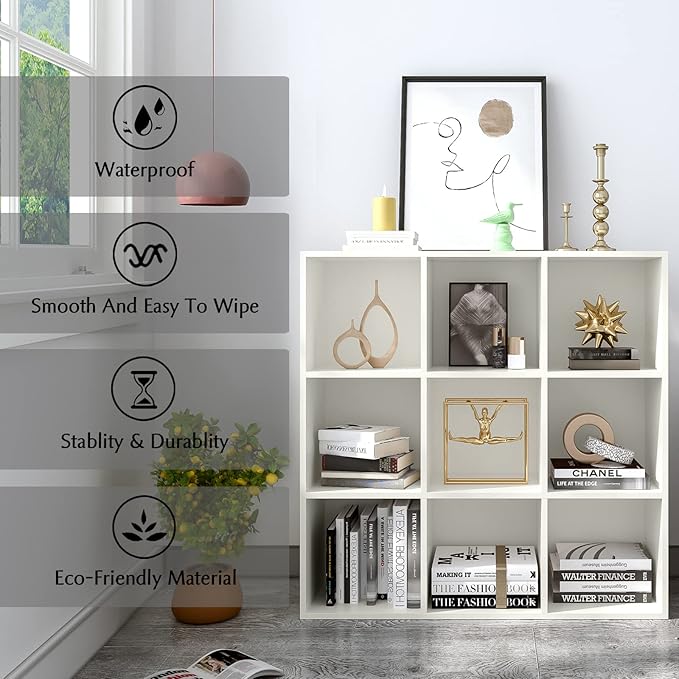 9-Cube Storage Shelf Bookcase - Wooden 3-Tier Floor Standing Open Bookshelf for Home and Office, Display Cabinet, Warm White