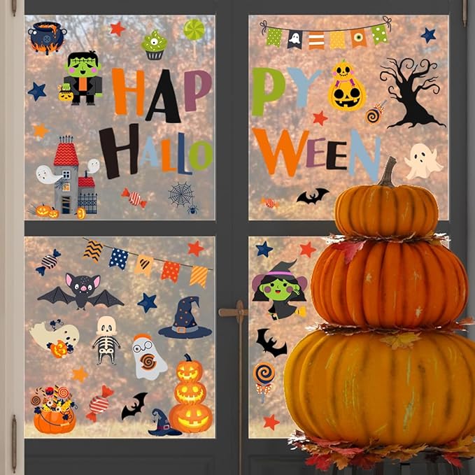 10 Sheets Halloween Window Clings Halloween Window Stickers Decorations Double-Sided Removable Castle Pumpkin Bat Glass Window Decals, Happy Halloween Window Clings for Kids Party Decorations