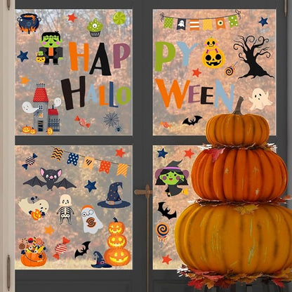 10 Sheets Halloween Window Clings Halloween Window Stickers Decorations Double-Sided Removable Castle Pumpkin Bat Glass Window Decals, Happy Halloween Window Clings for Kids Party Decorations